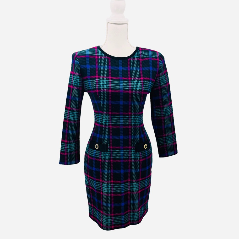 Vintage 80s Ms Choice California Plaid Bodycon Dress 4 Bright Multicolor USA